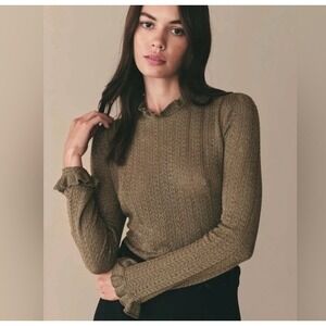 Doen XS Marella Sweater Spanish Olive Moss Metallic Ruffle Neck Knit Boho